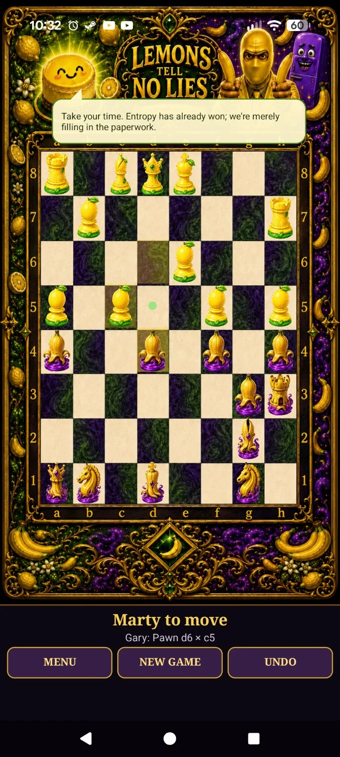 Lemons Tell No Lies Chess board with lemon and banana themed pieces