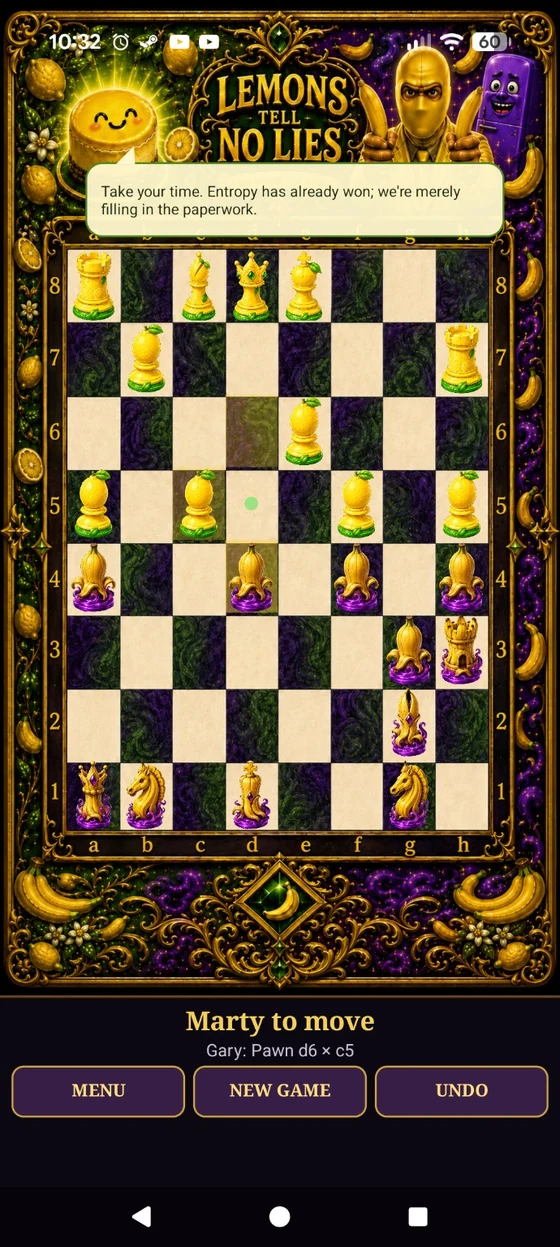 LTNL Chess board showing lemon and banana themed pieces