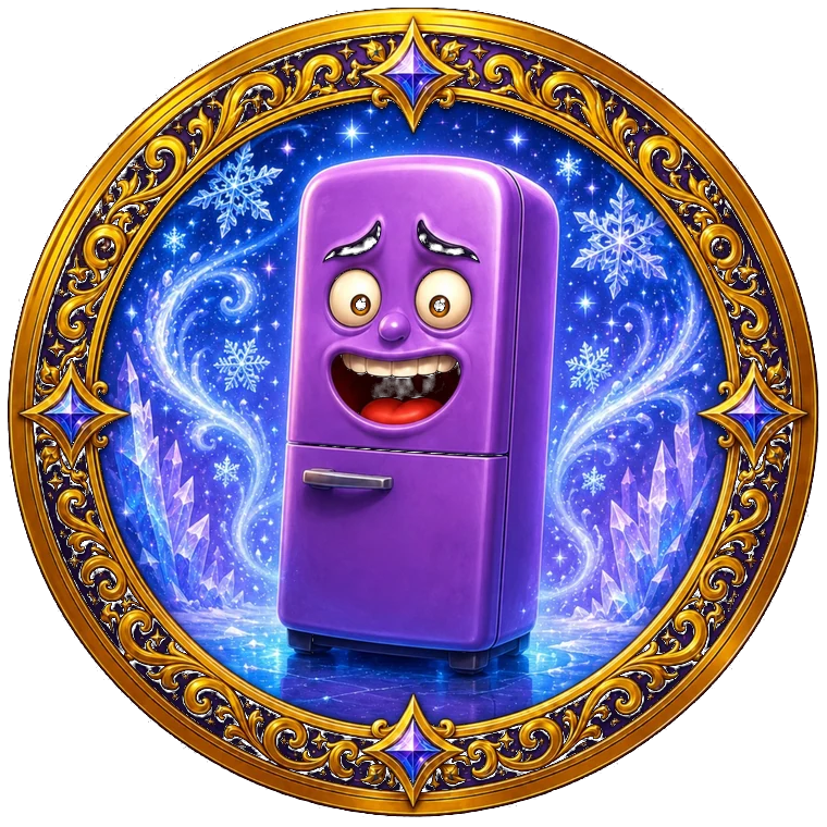 Frank the purple fridge in an ornate cosmic crest