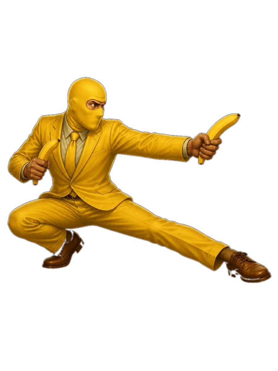 Marty in a yellow suit performing a tactical kick while holding two bananas