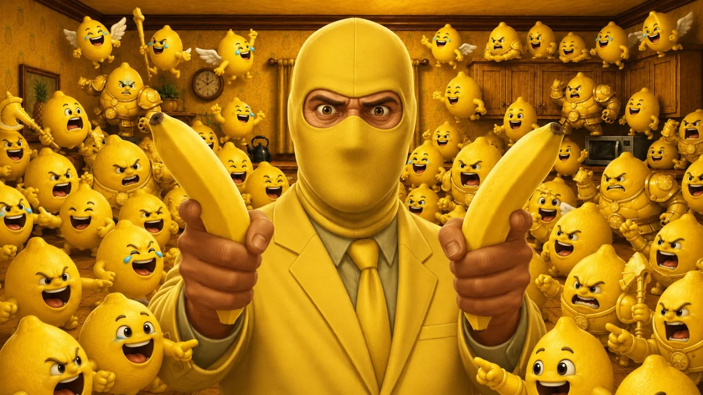 Marty surrounded by a crowded legion of animated lemons while holding two tactical bananas